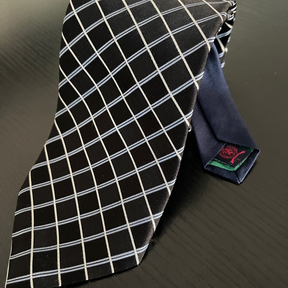 Vintage Tommy Hilfiger Silk Tie Black White Blue Grid USA Classic